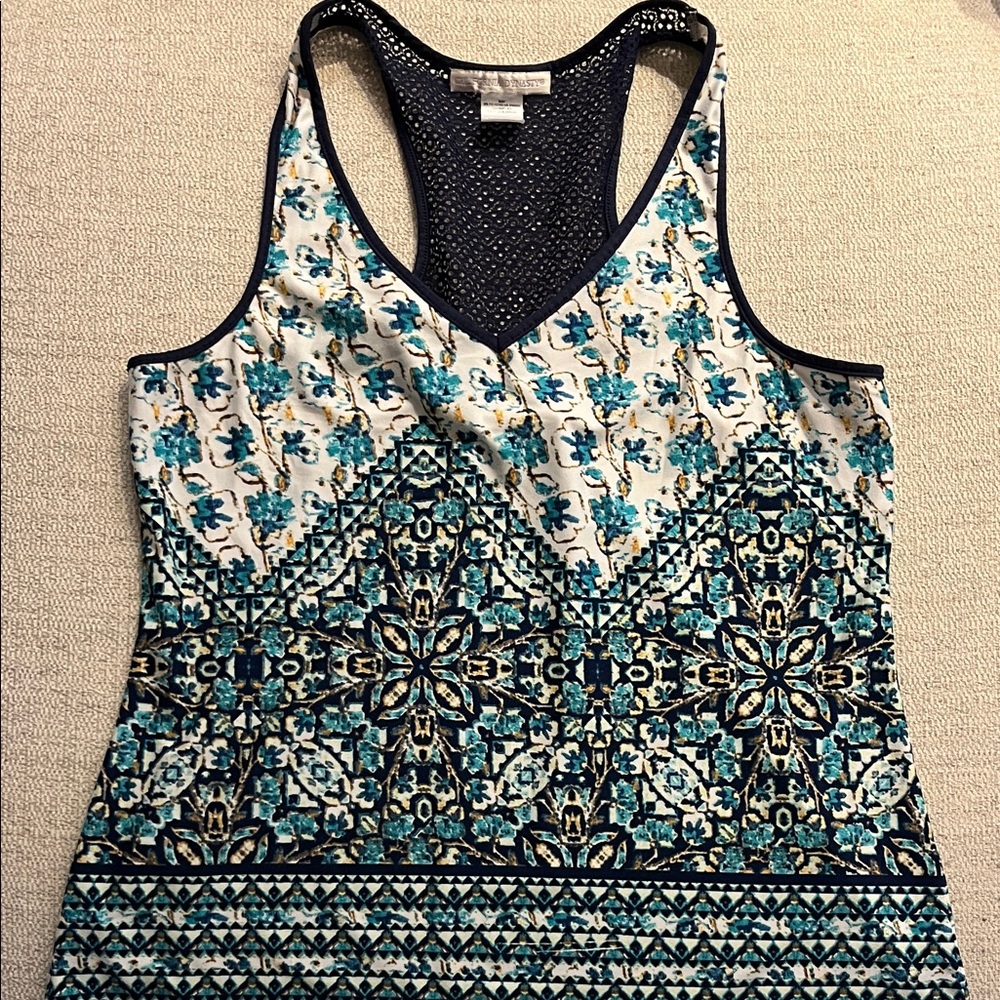 Patterned Racerback V-Neck Tank Top - Teal/White
